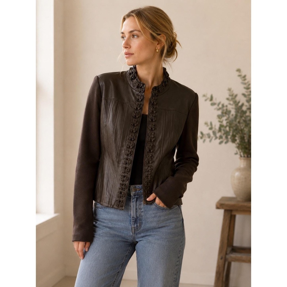Vintage 90s Nygard Brown Leather Mixed Media Ruffle Jacket Small Petite